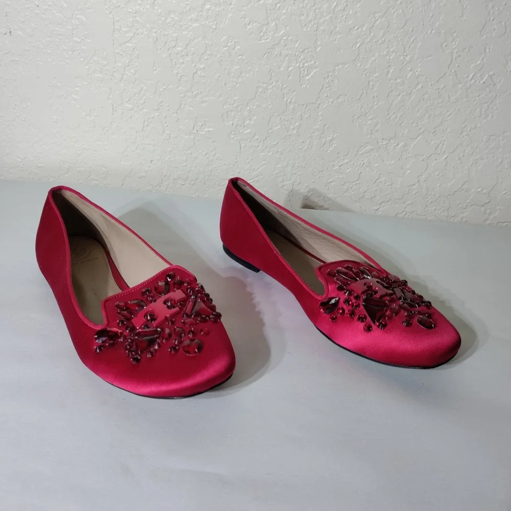 Tory Burch Red Satin Crystal Embellished Logo Loafers Smoking Flats